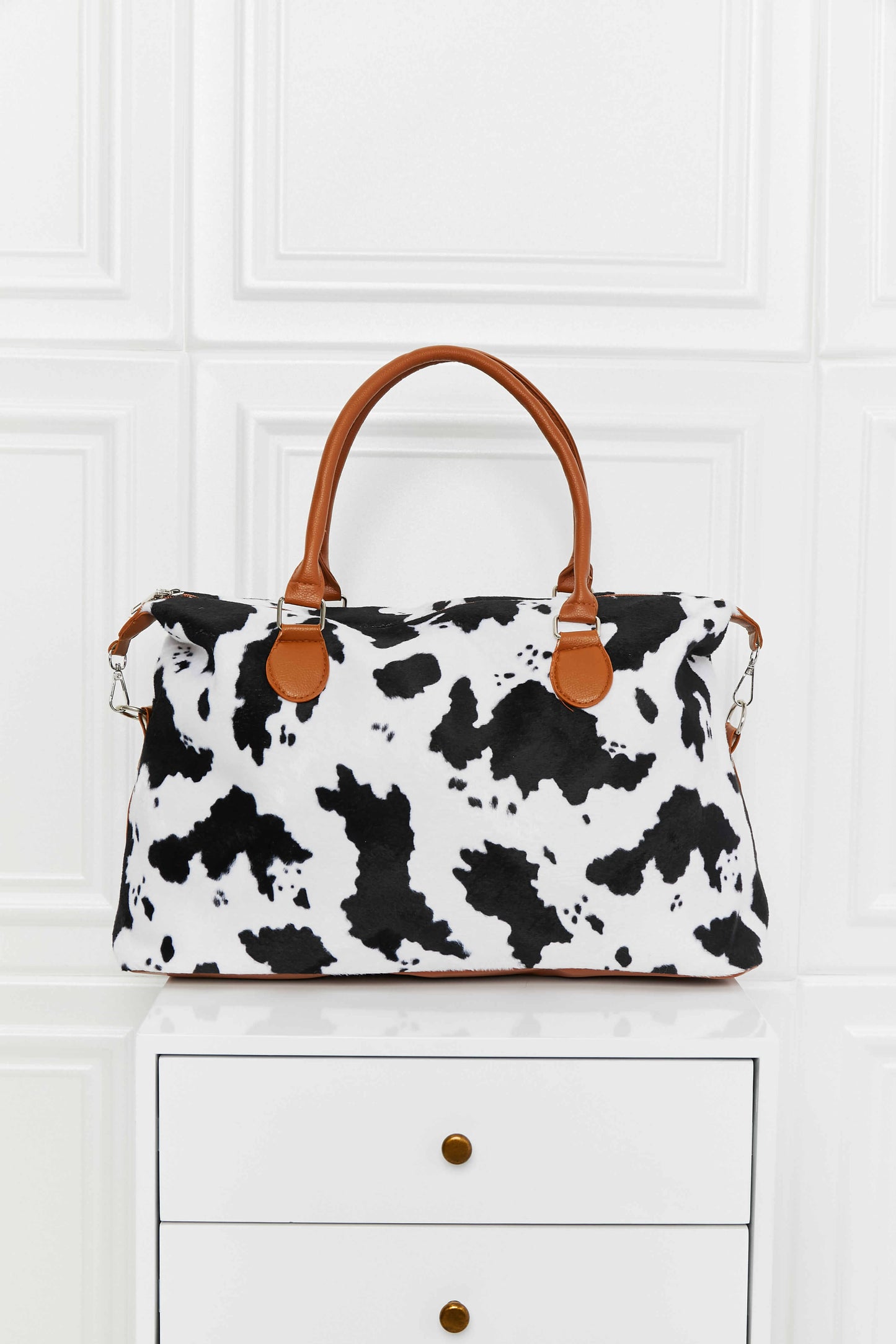 cow print weekender bag