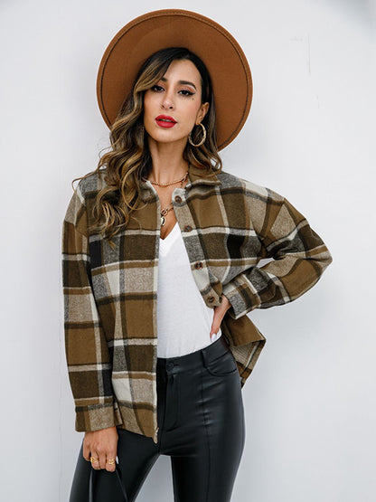 Shiny Plaid Button Up Collared Neck Jacket