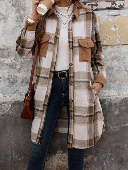 Perfee Plaid Button Up Long Sleeve Coat