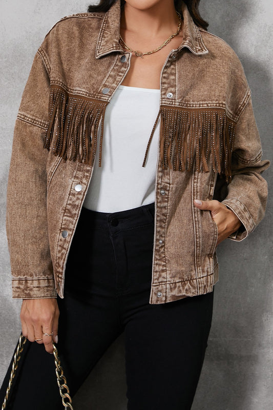 Fringe Trim Snap Down Denim Jacket